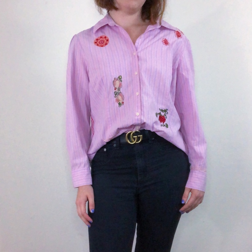 CAbi Embroidered Floral Pinstripe Button Down